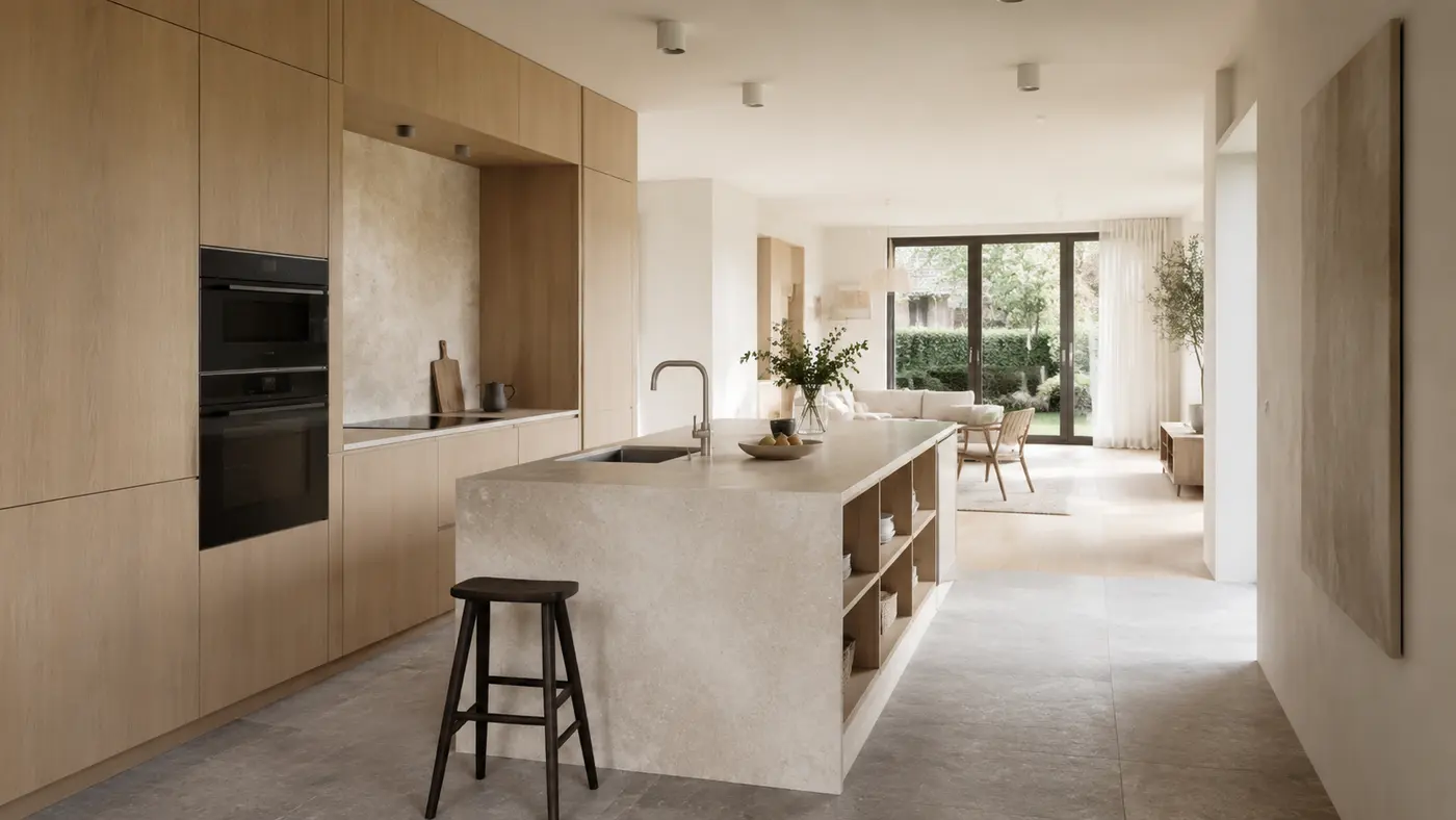 Lichte open keuken met eiken kasten, een natuurstenen werkeiland en vrije looplijn naar de tuin.
