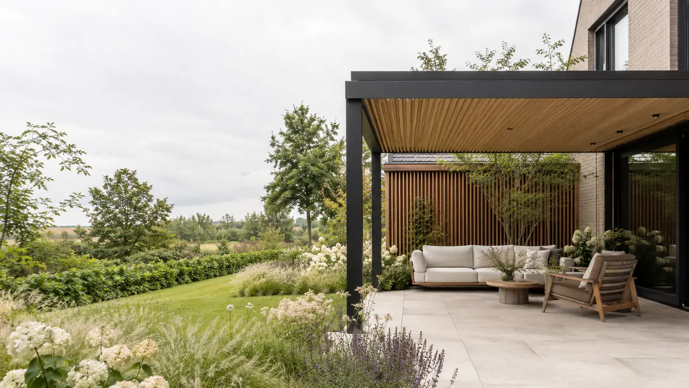 Moderne overkapping aan een landelijke tuin met groen, siergrassen en een rustige zithoek.