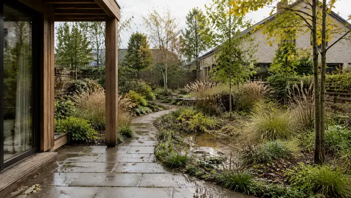 Nederlandse tuin na regen met wateropvang, gelaagde beplanting, natuurlijke looplijn en houten overkapping.