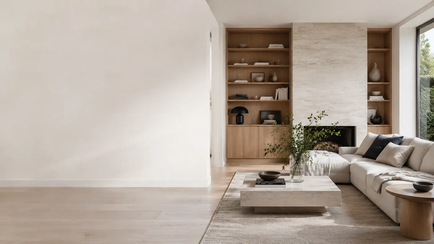 Lichte woonkamer met houten maatwerkkast, natuurstenen haard en zachte neutrale materialen.