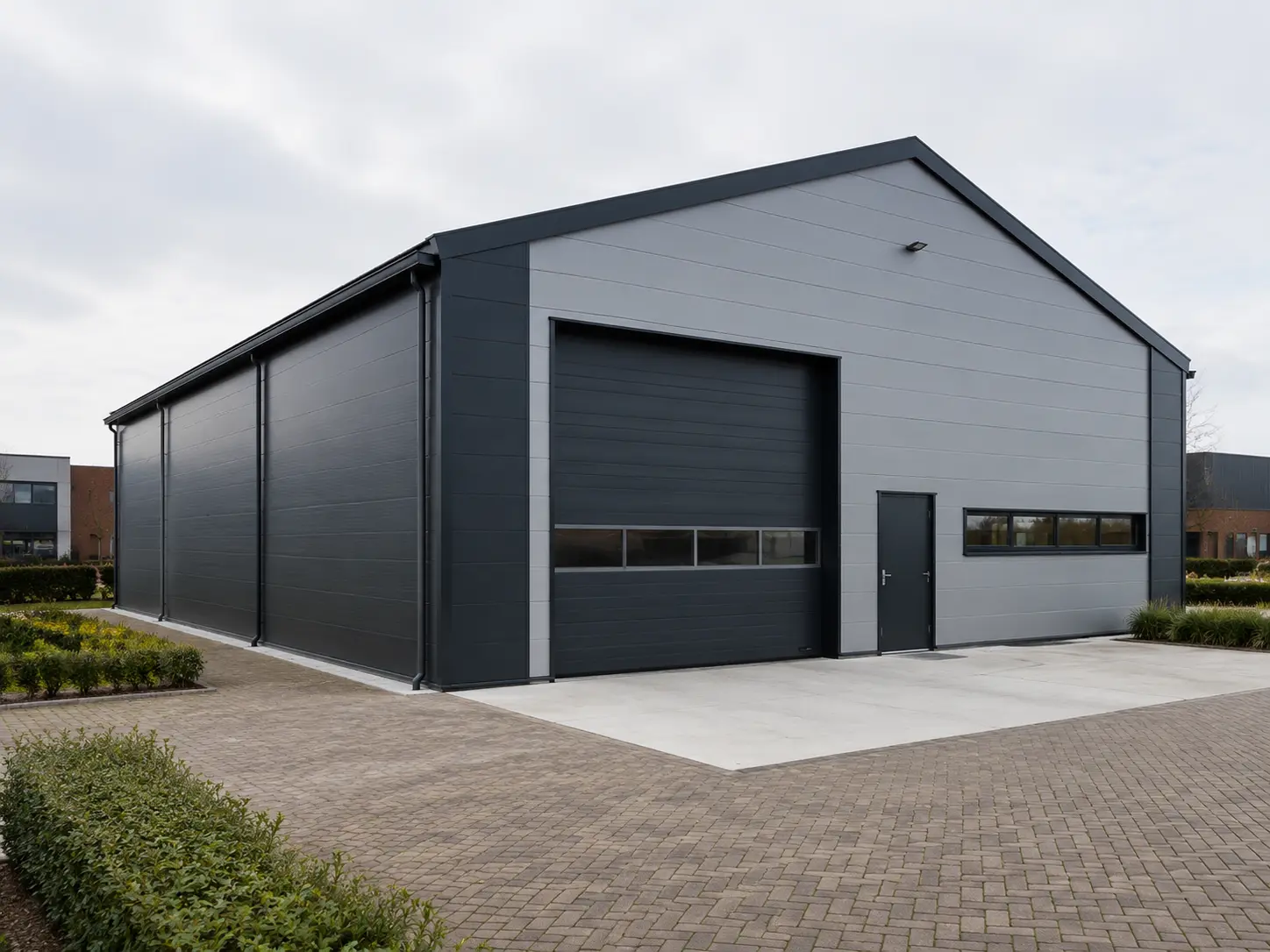 Ontwerpvoorbeeld van een stalen bedrijfshal met antraciet gevel en sectionaalpoort