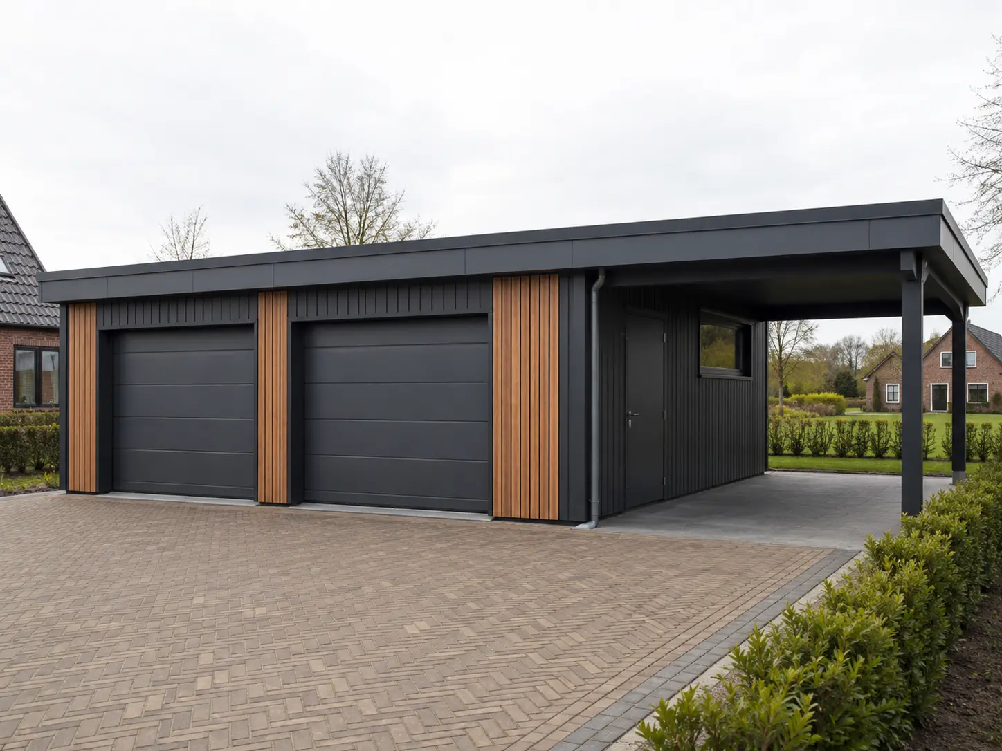 Maatwerkconcept van een stalen garage met zijcarport